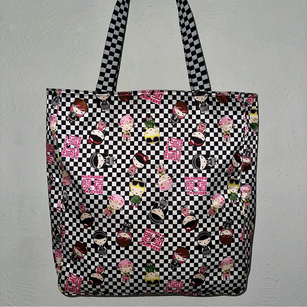 🩷🖤Harajuku Lovers checkered tote bag “a fatal attraction to cuteness” zipper